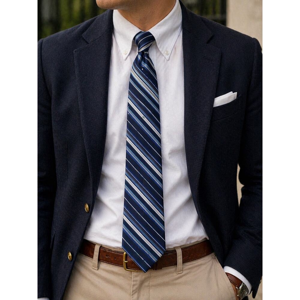 Perry Ellis Portfolio Navy Blue Striped Tie Classic Preppy Business Formal